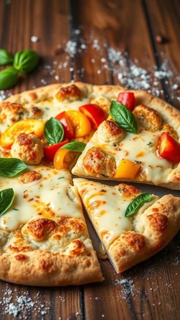 A golden brown cauliflower pizza crust topped with cheese and vegetables, served on a wooden table.